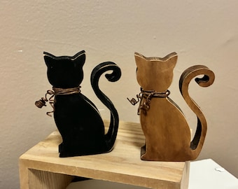 Fall Tiered Tray Decor Wood Cat Option Of Black Cat or  Oak Wood Finish with Vine Wire Collar - Cute Spooky Sitting Cat Farmhouse Halloween