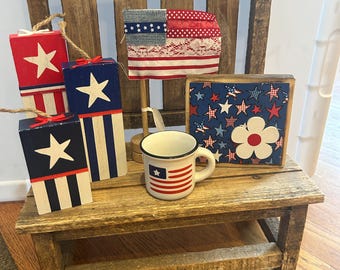 Patriotic Tiered Tray Set of 5 Pieces -  Red White and Blue - Stars and Stripes- Mini Mug - Ribbon Rag Flag Decor 4th of July Decor Summer