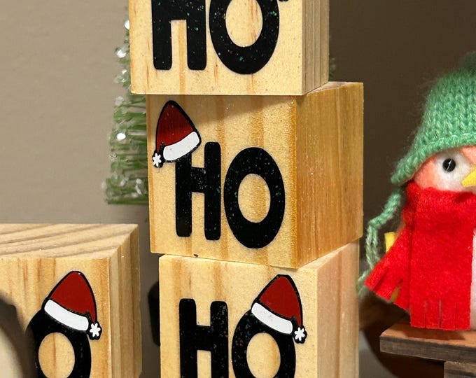 Santa HO HO HO Blocks - Set of 3 Wood Blocks - Cubes Wooden Blocks - christmas Stackable Tiered Tray Blocks Santa Hat Decor Blocks