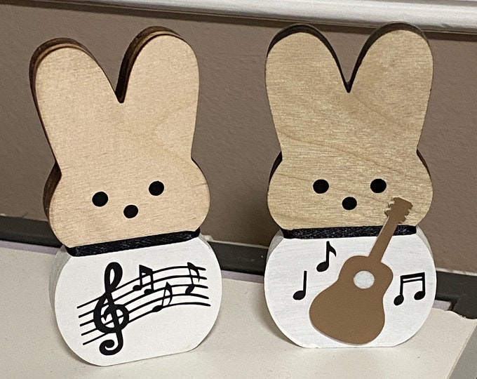 Cute Wood Bunnies For Musician and Guitarist - Guitar Bunny - Guitar Gift Music Notes Accent 4" Wooden Marshmallow Bunny Cutouts Set of Two