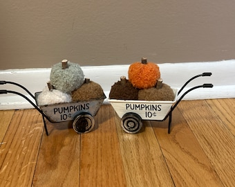 Fall Pumpkin Decor - Tiered Tray Decor - Wheelbarrow with Sherpa pumpkins 10 cents choice metal or white wash - 3 mini pumpkins in cart