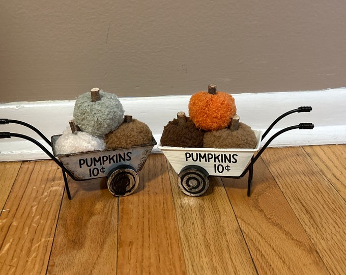 Fall Pumpkin Decor - Tiered Tray Decor - Wheelbarrow with Sherpa pumpkins 10 cents choice metal or white wash - 3 mini pumpkins in cart