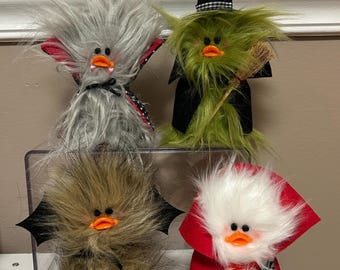 Frazzled Halloween Buddies Witch Little Devil Bat Dracula Standing Faux Fur Fuzzy Little Duck Duckling Silly Cute Ducks Frazzled Fall Decor