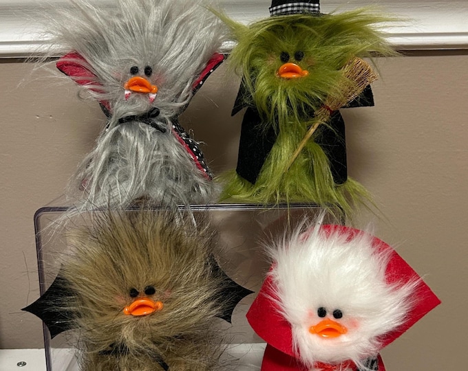 Frazzled Halloween Buddies Witch Little Devil Bat Dracula Standing Faux Fur Fuzzy Little Duck Duckling Silly Cute Ducks Frazzled Fall Decor