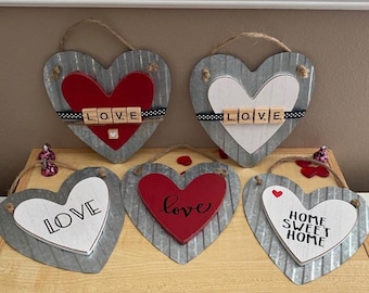 Heart wall decor wood metal sign LOVE Home Sweet Home Farmhouse Style Rae Dunn Inspired Valentine Wall Sign Tray Decor Piece Red White