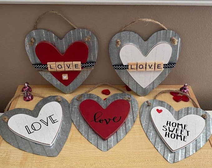 Heart wall decor wood metal sign LOVE Home Sweet Home Farmhouse Style Rae Dunn Inspired Valentine Wall Sign Tray Decor Piece Red White