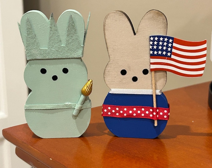 2 piece set - July 4th Tiered Tray Decor - Patriotic Peeps - Wood Bunnies Statue of Liberty - Lady Liberty - wooden bunny Set America 250