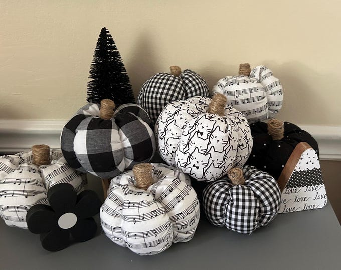 Black and White Fabric Pumpkins - Sheet Music Notes - Cat Cats - Buffalo Checkered Pumpkin - Fall Decor - Plaid Tiered Tray Stuffed Pumpkins