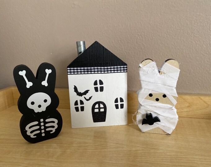 Set of three fall decor tiered tray Halloween decorations MUMMY Bunny SKELETON Bunny Wood Haunted House