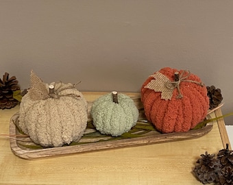 Farmhouse Style Pumpkin Set Bundle of 3 Yarn Pumpkins with Foliage in Tray Centerpiece Fall Decor Seasonal Rustic Home Decoration