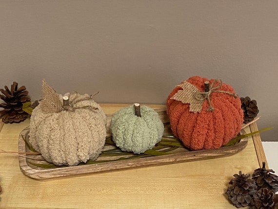 Farmhouse Style Pumpkin Set Bundle of 3 Yarn Pumpkins with Foliage in Tray Centerpiece Fall Decor Seasonal Rustic Home Decoration