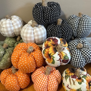 May include: A collection of fabric pumpkins in various patterns and colors. Designs include orange polka dots, black and white gingham, and floral prints. Each pumpkin has a twine stem, perfect for fall decor.