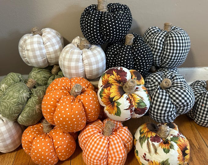 Fabric Pumpkin Choice of Buffalo Checkered  Sunflower Fabric - Plaid - Polka Dot Orange and White Black and White Fall Decor Stuffed Pumpkin