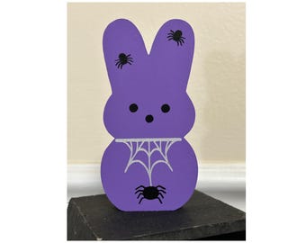 Halloween Wood Bunny Purple Marshmallow Wood Bunny for Tiered Tray Silver Shimmer Spider Web and Spiders Cute and Spooky Fall Decor 4" Tall