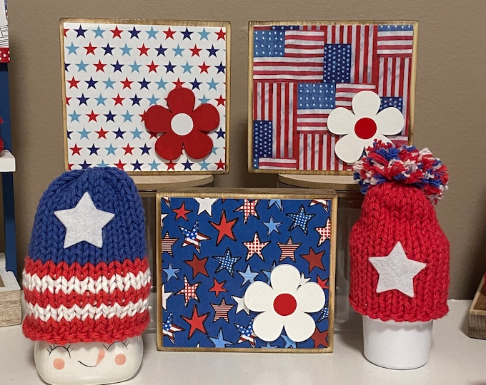 4th of July Decor - Patriotic Decor Wood Sign for Tiered Tray Summer Wood  Block Tiered Tray July 4th Wooden Daisy Red White and Blue Flower