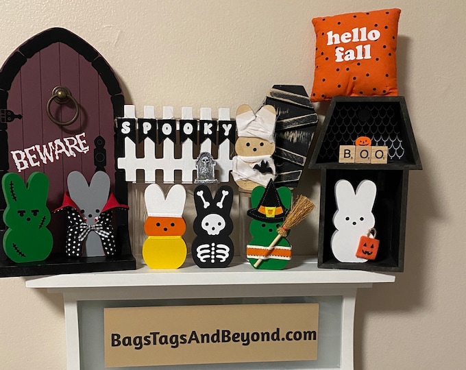 Halloween Skeleton Wood  Bunny Tiered Tray Set  - White picket fence  Wood Bunny - Spooky Fence Felt Banner - Skeleton  Fall Tray Decor