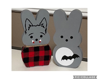 Cute Halloween Decorations Werewolf and Full Moon Bat Bunny 4" Wood Bunnies Tiered Tray Decor Marshmallow Wood Cutout Set of Two Fall Decor