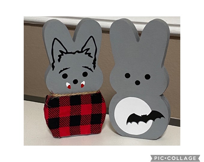 Cute Halloween Decorations Werewolf and Full Moon Bat Bunny 4" Wood Bunnies Tiered Tray Decor Marshmallow Wood Cutout Set of Two Fall Decor