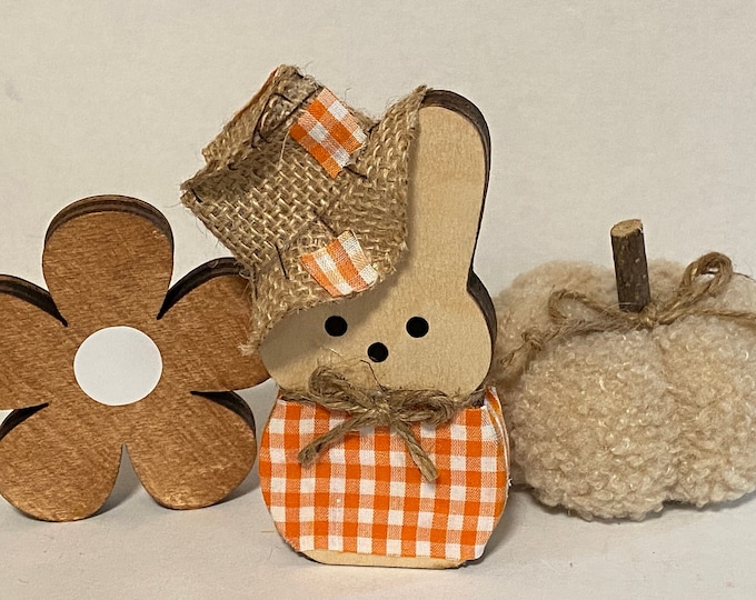 Fall Decor Set - Plush Pumpkin, Wood Daisy, and Scarecrow Bunny - Tiered Tray Decor - wooden Bunny - wood decor - scarecrow decoration FALL