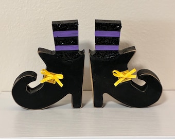 Set of Witch Boots Wood Shoes - Fall Tiered Tray - Option with Wood Daisies Wooden Flowers - Black Purple Halloween wooden Witchy Tray Decor