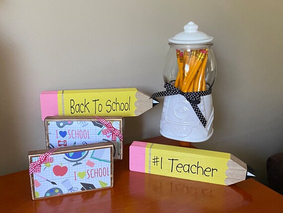 3-Piece Welcome Back To School Wooden Block Set - Tiered Tray Decor With Book, Backpack & Clock Ornaments