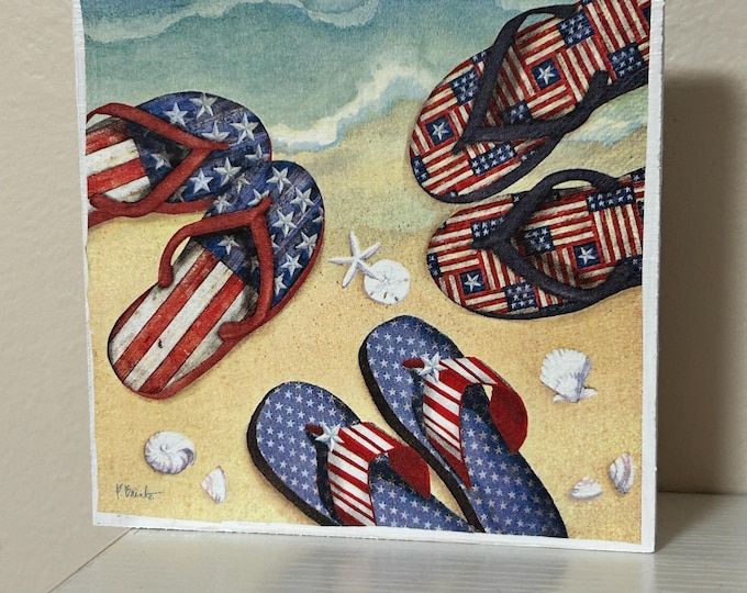 Reversible American Flag and Patriotic Flip Flops Beach Wood Sign for tiered tray - 50 States - July 4th Stars & Stripes Red White Blue