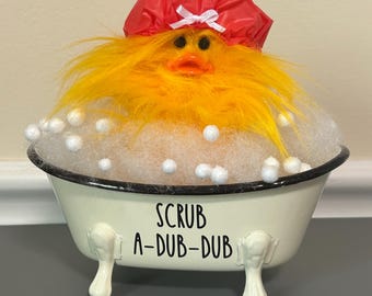 Frazzled DUCK duckling in Tub Tiered Tray Rubber Duckie Bathroom Decor Scrub a dub dub in Tub Or Bucket With Shower Cap and Bubbles