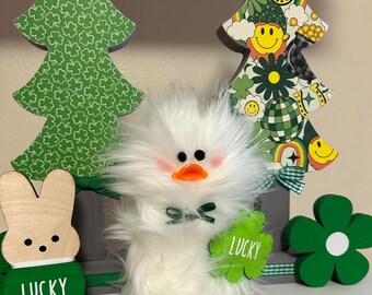 Lucky Duckie Frazzled DUCK duckling standing Tiered Tray Spring St Patty's Day gift White Faux Fur Green Shamrock St Patrick's Day Decor