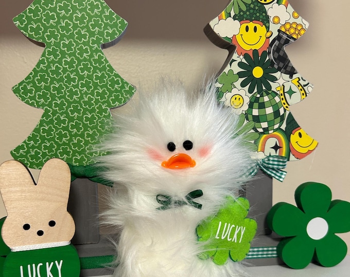 Lucky Duckie Frazzled DUCK duckling standing Tiered Tray Spring St Patty's Day gift White Faux Fur Green Shamrock St Patrick's Day Decor
