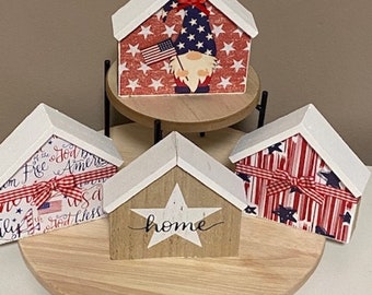 Wooden House - Patriotic Tiered Tray Decor - July 4th Wood House - Gnome House - Choice of Wood House Buffalo check Red White and Blue Stars