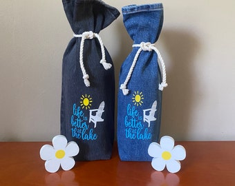 Life Is Better At The Lake - Lake House Gift - Set of Wine Bags Made From Jeans - Hostess Gift Wine Bag Decor Adirondack Chair Wood Daisies