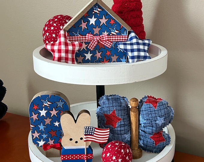 July 4th Patriotic Tiered Tray Set - Red White and Blue - Stars and Stripes Wood House - Bunny Butterfly American Flag 4th Of July Americana