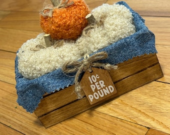 Fall Pumpkin Decor - Tiered Tray Decor - Crate with Sherpa pumpkins 10 cents per pound Wood Tag Denim lined Fall Decoration Farmhouse Decor