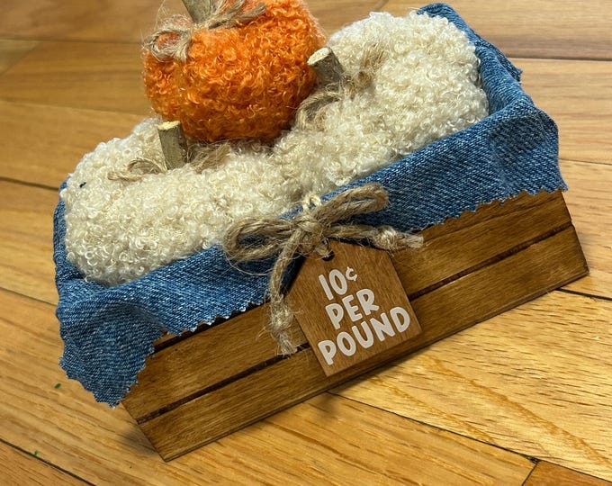 Fall Pumpkin Decor - Tiered Tray Decor - Crate with Sherpa pumpkins 10 cents per pound Wood Tag Denim lined Fall Decoration Farmhouse Decor