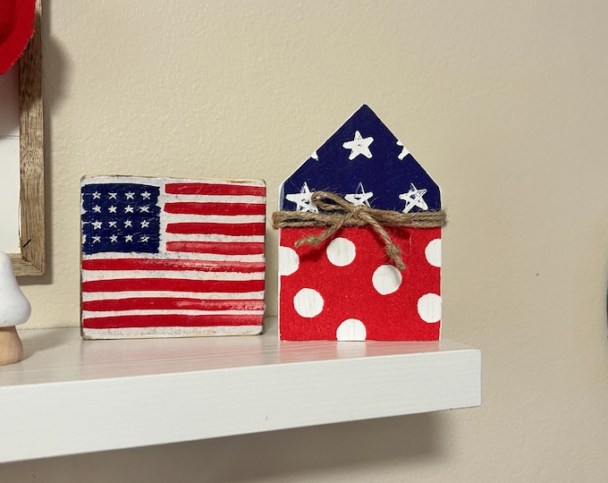 Patriotic Tiered Tray - Set of 2 Red White and Blue Wood Pieces - Standing House and American Flag 4th of July Tiered Tray Summer Decor