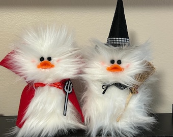 Frazzled Halloween Witch + Little Devil Standing Faux Fur White Fuzzy Little Duck Duckling Silly Cute Halloween Ducks Frazzled Fall Decor