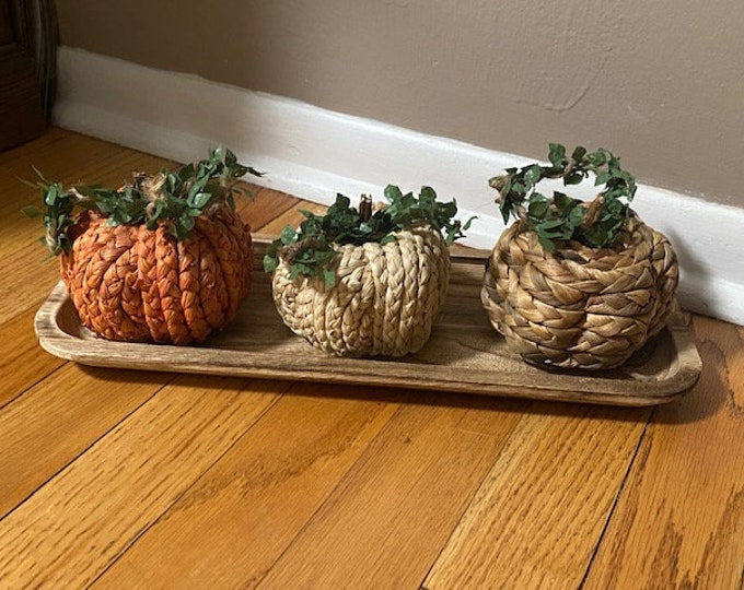 Farmhouse Style Pumpkins Set of 3 Braided Straw Pumpkins with Foliage in Tray Centerpiece Fall Decor Seasonal Rustic Home Decoration