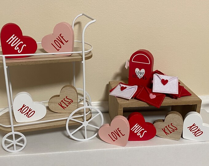 Set of 4 Wood Hearts, Vase Filler, Valentine's Day Hearts, Bag of Hearts, Conversation hearts Tiered Tray Decor LOVE XOXO Kiss Hugs Red Pink