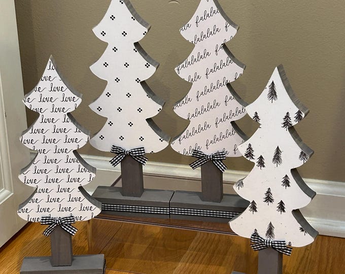 Whimsical Wooden Tree, Neutral Holiday Decor Black and White, Gray Base 12" Tree Choices of Love FaLaLaLaLa Squares Christmas Tree