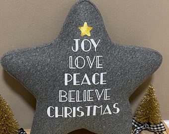 Christmas Pillow Star Tree Throw 15” Gray customized gift believe peace joy love