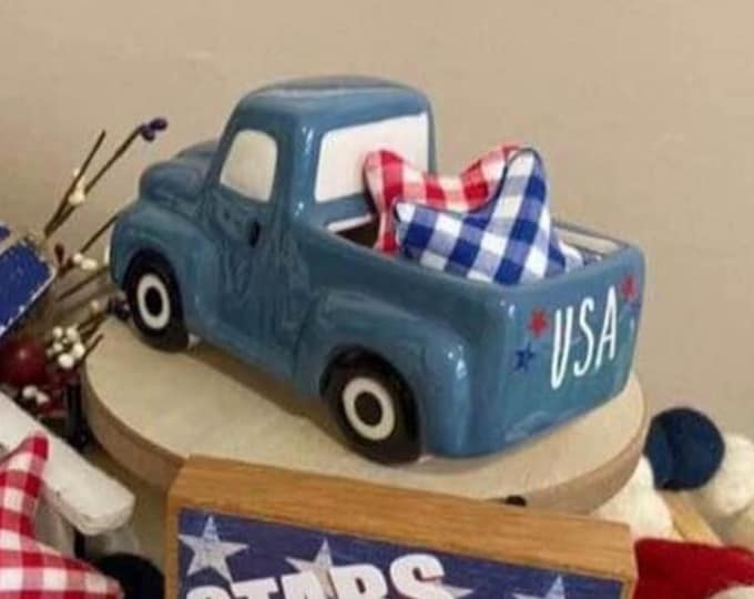 USA July 4th Blue Ceramic Truck - 4th of July Decor Farmhouse Truck filled with Checkered Stars Red White and Blue Memorial Day Tiered Tray