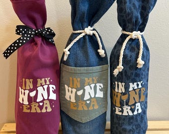 Set of 3 Wine Bags - In My Wine Era - Gift Bags for a Bottle of Wine Bags made from jeans with Pockets Hostess Gifts Girls Weekend Booze Bag