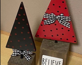 Set of two wood polka dot trees Christmas decorations wooden Farmhouse tiered tray decor Buffalo checkered black white red Rae Dunn Inspired