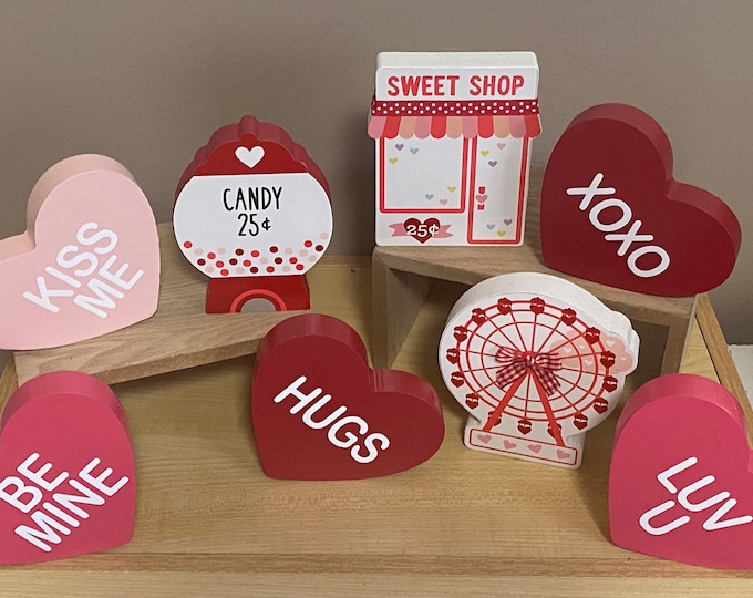Wood hearts conversation hearts Valentine’s Day tiered tray decor pink red XOXO Luv u Be Mine Kiss Me Hugs heart decor