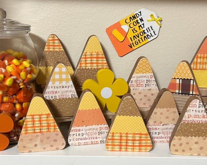 Wood Candy Corns 3.25" - Set of 3 Standing Wooden Candy Corns - Decorative Fall Decor Unique Papers  for tiered tray Farmhouse Decor