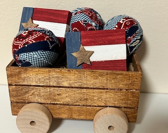 Patriotic Wagon - Patchwork Balls American Flag Wood Sign for tiered tray - 50 States America 250 July 4th Bowl Filler Decor Red White Blue