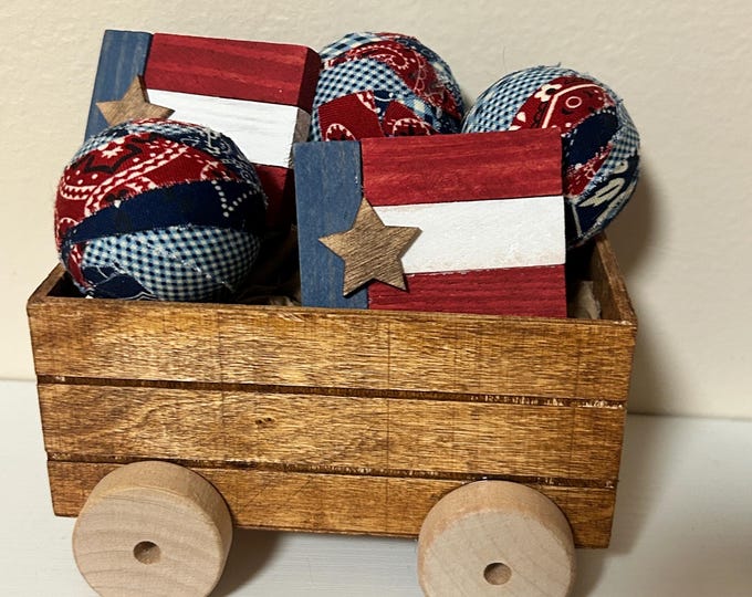 Patriotic Wagon - Patchwork Balls American Flag Wood Sign for tiered tray - 50 States America 250 July 4th Bowl Filler Decor Red White Blue