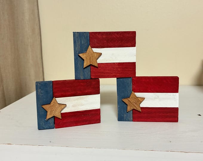 Patriotic Tiered Tray - Set of 3 American Flag Inspired Blocks Red White and Blue Wood Star - Standing Mini Blocks 4th of July Summer Decor