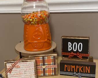 Wood table sign fall wooden block for tiered tray seasonal decor BOO Pumpkin Plaid Farmhouse Style Decoration plaid Buffalo checkered heart