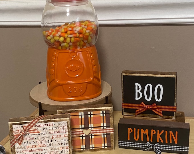Wood table sign fall wooden block for tiered tray seasonal decor BOO Pumpkin Plaid Farmhouse Style Decoration plaid Buffalo checkered heart